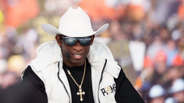 Colorado Buffaloes head coach Deion Sanders on the set of ESPN College GameDay prior to the game between the Colorado Buffaloes and the Colorado State Rams at Folsom Field